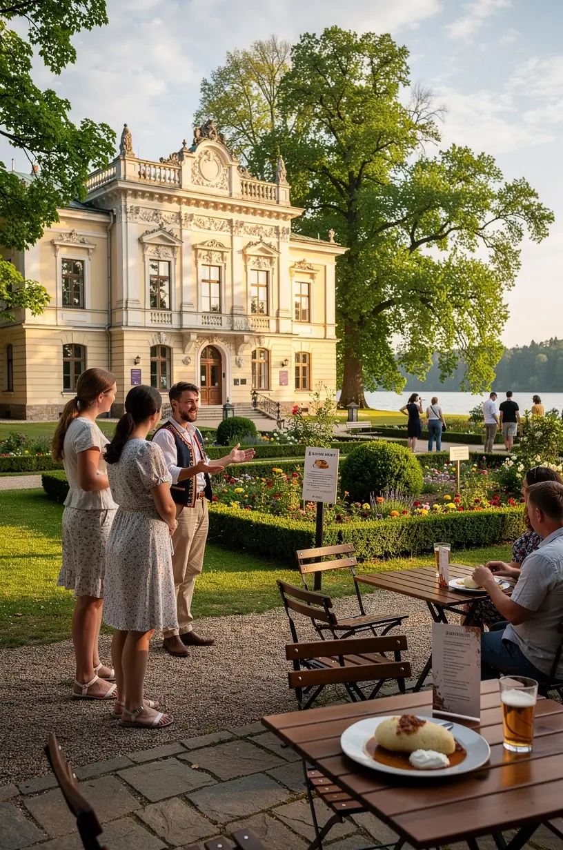 Turistų grupė, besidominti gidų pasakojimais prie senovinio pilies kiemo.
